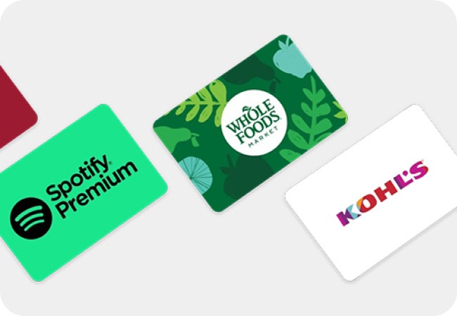 Spotify, Whole Foods, and Kohl's gift cards on display
