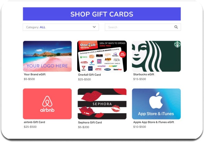 Gift card website showing gift cards for sale